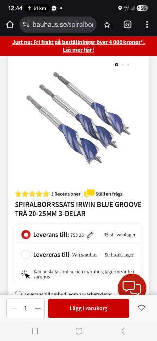 Tre blåa spiralborr från Irwin Blue Groove för trä i storlekar 20-25 mm, synliga på en webbshopssida med produktinformation.
