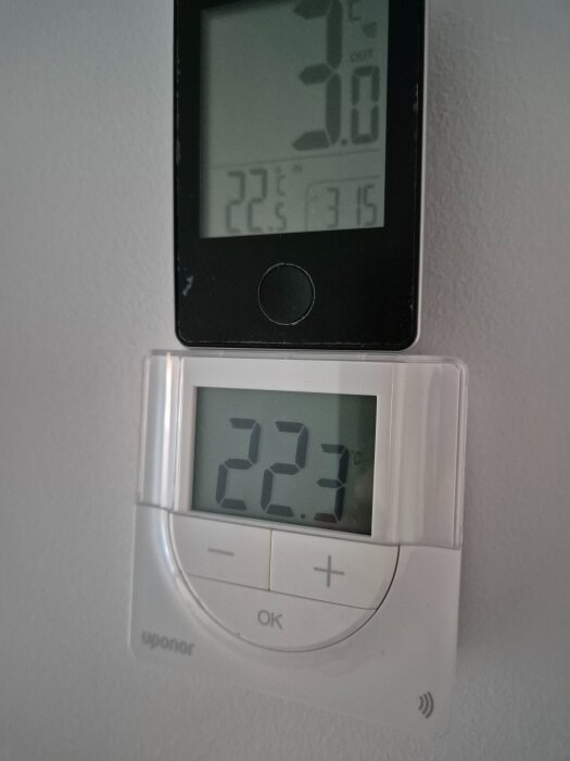 Två termometrar visar inomhustemperaturen i ett rum, båda på 22,2 °C respektive 22,3 °C, i en nyinstallerad golvvärmesystemsmiljö.