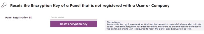 Formulär för att återställa krypteringsnyckel för en panel som inte är registrerad, med fält för panelens ID och knapp för återställning.