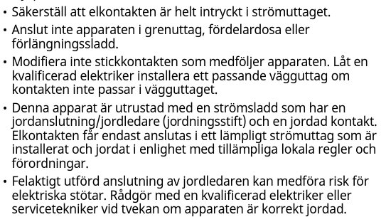 Viktig säkerhetsinformation från manual, instruktioner för elkontakt, jordning och elektrisk installation för LG-apparat.