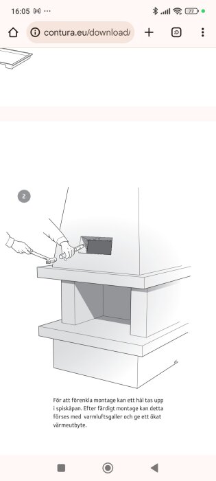 Illustration av att göra ett hål i en kaminens kåpa med ett verktyg för bättre värmeutbyte, följt av installation av varmluftsgaller.