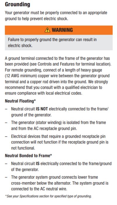 Instruktioner för jordning av elverk, varning för elektrisk stöt om ej rätt jordad. Beskrivning av neutral floating och neutral bonded to frame.