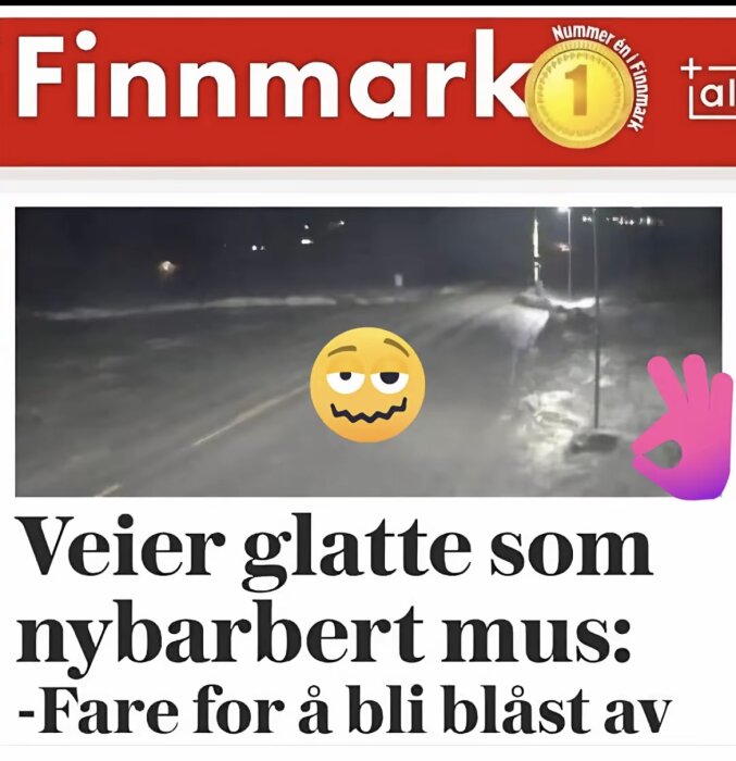 Tidningshuvud med bild av en isig väg på natten, emoji med nervöst ansiktsuttryck och handgest-emoji samt text om hala vägar och varning.