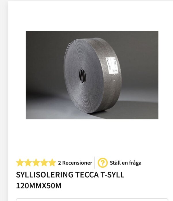 Rulle med syllisolering Tecca T-syll, 120 mm bred och 50 meter lång, avsedd för innerväggsisolering, alternativ till åldersbeständig plast.
