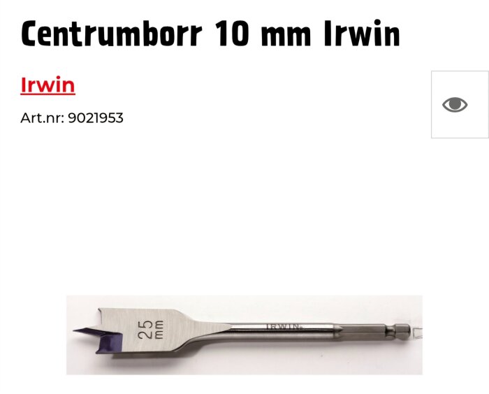 Centrumspetsborr från Irwin, 10 mm storlek, med skarp spets och stålskaft, visas liggande på en vit bakgrund.