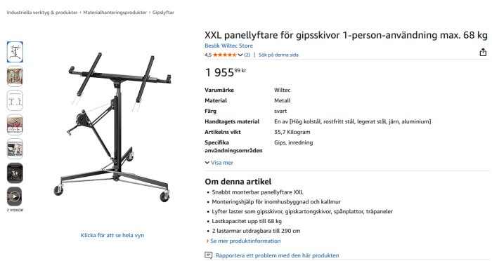 Svart metallisk panellyftare för gipsskivor, modell för en person, av varumärket Wiltec. Lyfter upp till 68 kg och väger 35,7 kg.