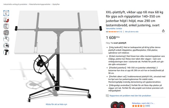 XXL-plattlyft för gips och riggplattor, justerbar höjd 140-350 cm, max last 68 kg, svart med vev och hjul för enkel positionering.