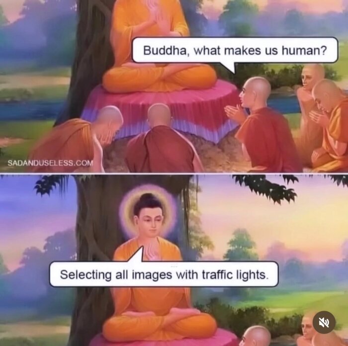 En tecknad bild av Buddha som mediterar med munkar och skämtar om att välja ut bilder med trafikljus som ett mänskligt drag.