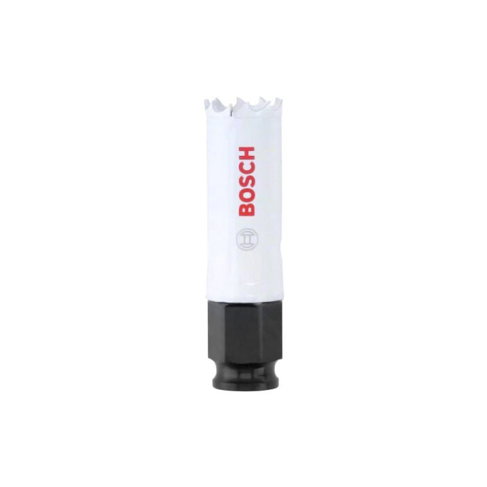 Bosch Hålsåg Hex-9, vit metallrördesign med svart bas, används för borrning i olika material.