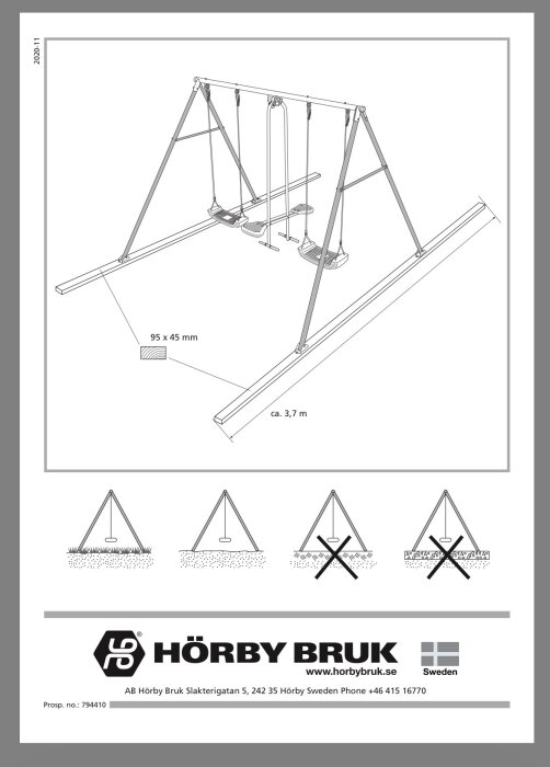 Ritning av gungställning från Hörby Bruk med dimensioner 95x45 mm och 3,7 m, inklusive markmonteringstips.