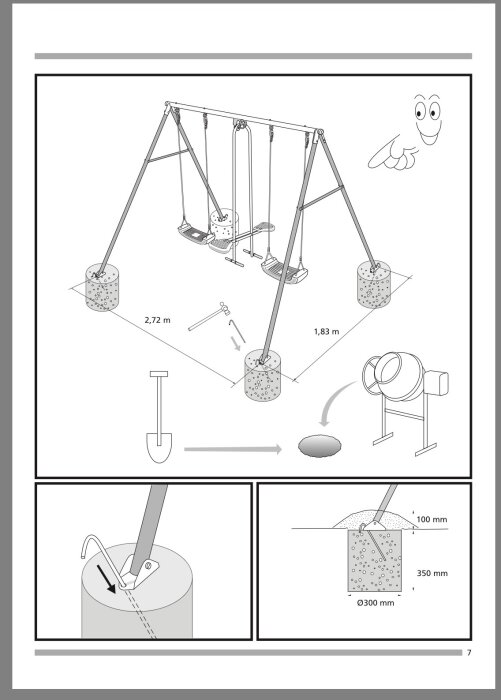 Illustration av ett gungställningmontering med betongfundament och måttangivelser, inklusive spade och betongblandare.