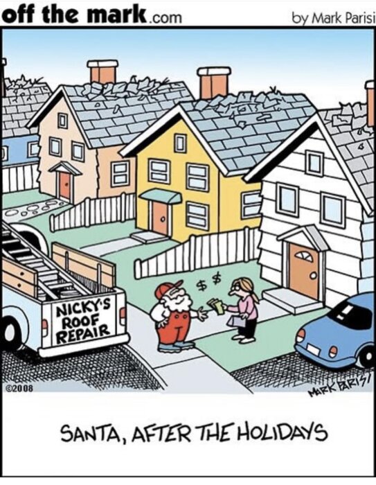 Tomte lagar tak och tar emot pengar från kvinna framför hus med trasigt tak och skylt med texten "Nicky's Roof Repair".