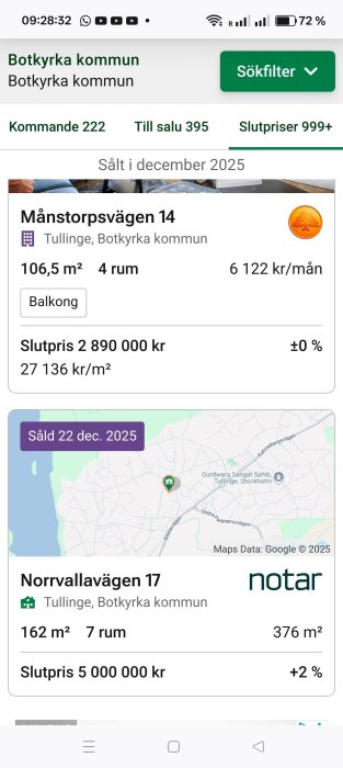 Skärmbild av bostadsförsäljningar i Botkyrka kommun med adress, bostadsstorlek, pris och kartposition för Månstorpsvägen och Norrvallavägen.