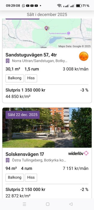 Fastighetsannonser för Botkyrka, med detaljer om pris, storlek och adress för Sandstuguvägen 57 och Solskensvägen 17, såld i december 2025.