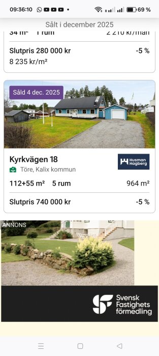 Fastighetsannons för en villa på Kyrkvägen 18, Töre, Kalix kommun, 5 rum, 740 000 kr, såld 4 dec 2025.