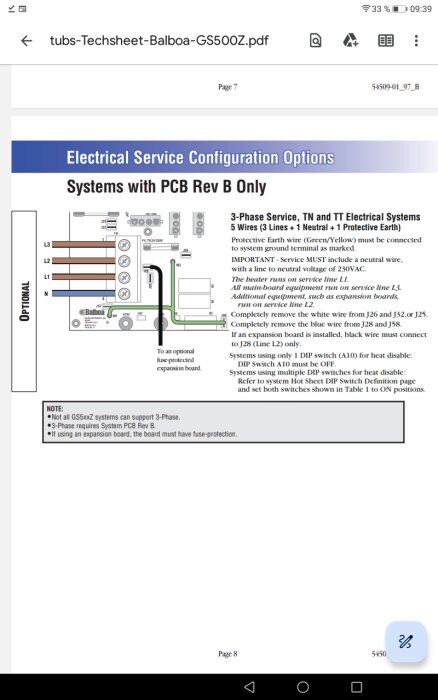 El-schema för Balboa GS500Z med kopplingsanvisningar för trefassystem med PCB Rev B, visar kabelförbindelser och säkerhetsinstruktioner.