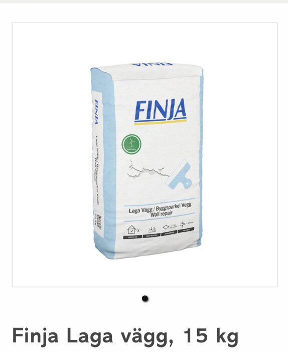Paket med 15 kg Finja Laga Vägg, byggspackel för väggreparation, vit och blå förpackning.