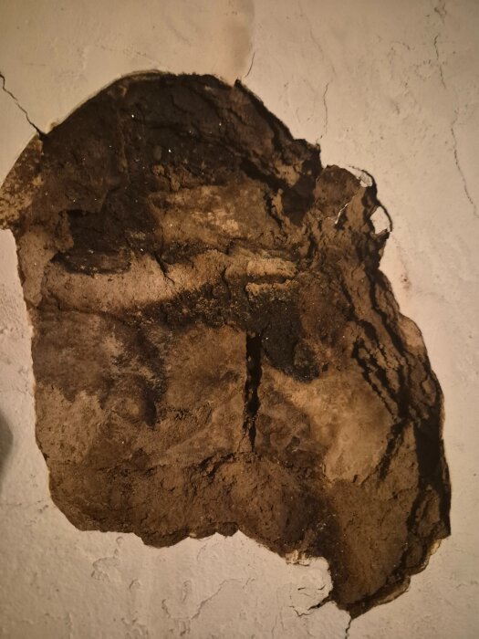 Skadad putsad vägg med mörka, avflagnade områden och sprickor.