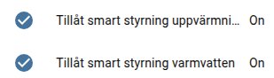 Två inställningar med ikoner och text: "Tillåt smart styrning uppvärmning" och "Tillåt smart styrning varmvatten", båda inställda på "On".