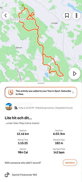 Karta som visar en löprunda, 12,46 km lång i Söderköpings kommun. Statistik inkluderar tid, kalorier, hjärtfrekvens och höjdökning.