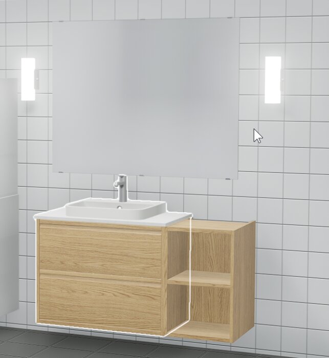 Badrumsinredning med rektangulärt tvättställ centrerat ovanpå träfärgat underskåp, spegel ovanför och sidoförvaring till höger.