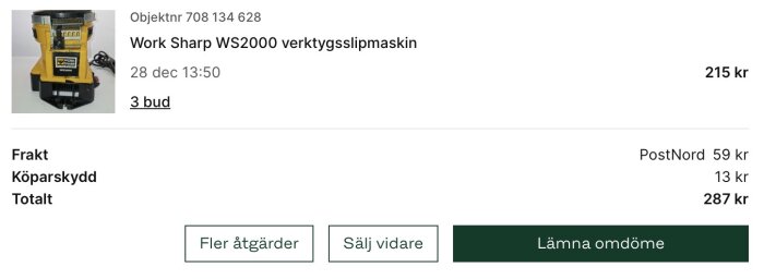Gul Work Sharp WS2000 verktygsslipmaskin på en vit bakgrund med prisuppgifter och information om köp och frakt.