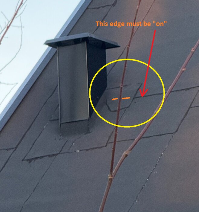 Ventilation shaft on a roof with indications of potential poor installation; highlighted area shows wavy felt and glued flashing at risk of leaking.