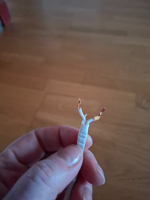 En hand håller en vit kabel med två avskalade ändar, redo att kopplas till en lampa, synlig mot en suddig trägolvbakgrund.