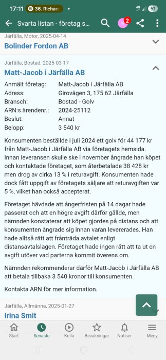 Skärmdump av en text från en svarta listan-applikation där företaget Matt-Jacob i Järfälla AB har fått ett återbetalningsbeslut på 3 540 kr av ARN.