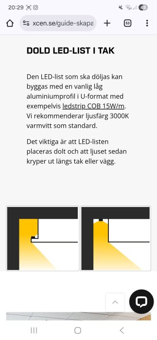 Diagram över dold LED-list i tak med aluminiumprofil, visar ljusets spridning längs väggen.