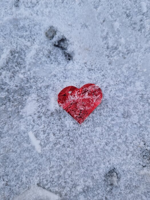Rött hjärta av papper på snötäckt mark.