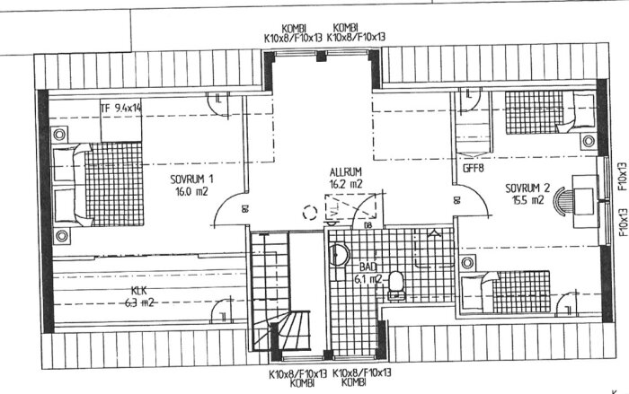 Planritning för en våning med sovrum 1, sovrum 2, allrum och badrum, totalt 16 m². Golvriktning diskuteras.