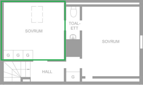 Planritning över våning 3 med markerat sovrum som ska omvandlas till kontor, inklusive hall, toalett och garderober.
