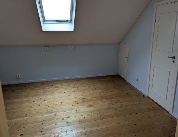 Ett övervåningsrum med snedtak och trägolv, förberett för renovering. Fönster, dörrar och vägguttag är synliga.