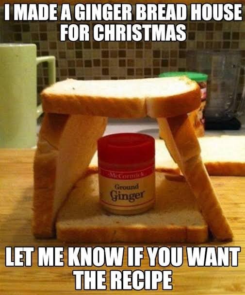 Ett "pepparkakshus" byggt av brödskivor som omger en burk med ingefära. Texten säger "I made a ginger bread house for Christmas.