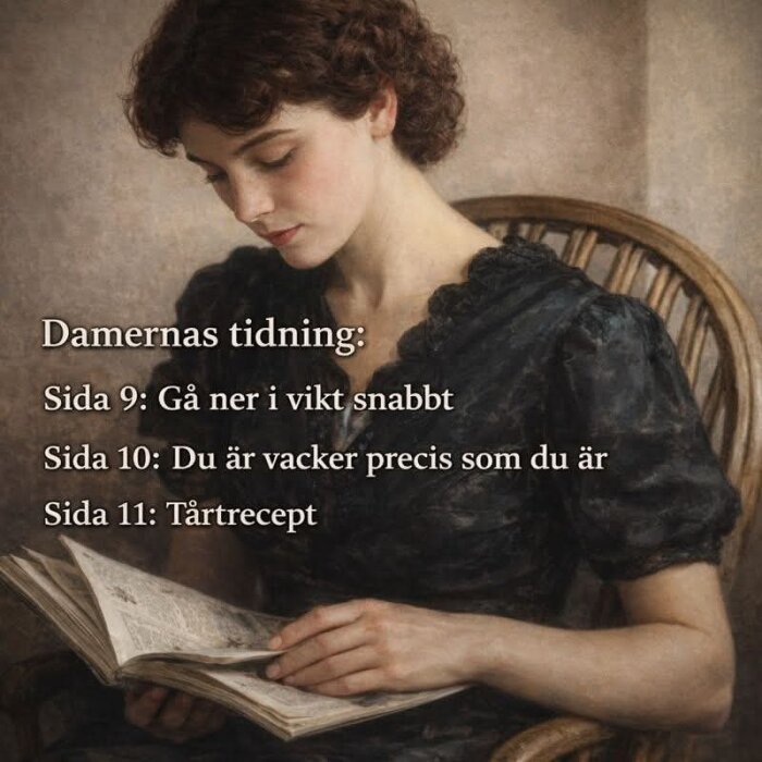 En kvinna i en svart klänning sitter och läser en tidning. Text intill henne listar tre artikeltitlar.