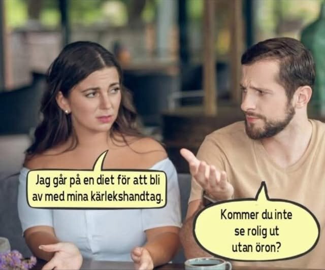 Två personer sitter vid ett bord och diskuterar dieting, med pratbubblor som uttrycker humor och sarkasm kring ämnet.