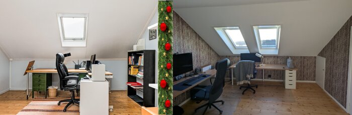 Förebild och efterbild av kontor på våning 3 med takfönster, skrivbord och stolar, olika tapeter före och efter renovering.