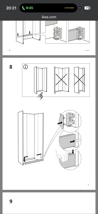 Monteringsinstruktion för skåp med illustration av hur paneler och ben fästs enligt steg 8 i guiden.