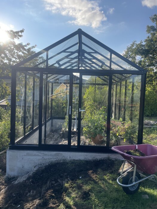 Växthus av glas på en gjuten betongmur med en skottkärra i förgrunden, omgiven av grönska och soligt väder.