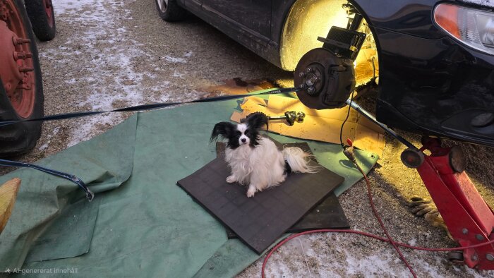 En liten hund sitter på en matta bredvid en upplyft bil med en domkraft i en verkstadsmiljö.