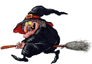 En tecknad häxa som flyger på en kvast, klädd i svart med en spetsig hatt och orange bälte.