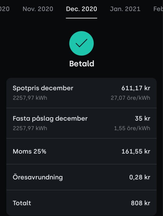Elräkning för december 2020 med spotpris, fasta påslag, moms och totalt belopp på 808 kr, markerat som betalt.