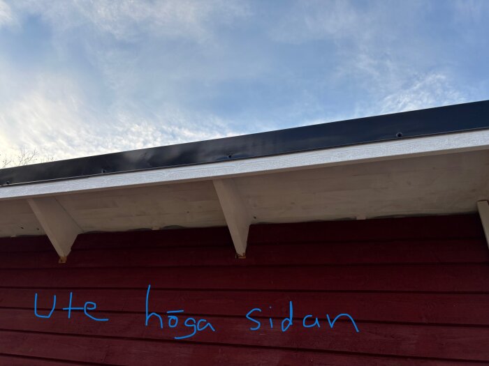 Röd byggnad med ljust takfot och svart plåt taklist. Text "Ute höga sidan" skriven på väggen. Tydlig himmel i bakgrunden.