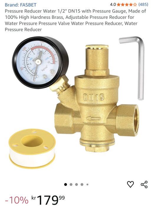 Tryckreduceringsventil i mässing med manometer, gänga DN15 och medföljande verktyg samt PTFE-tejp för att justera vattentryck.