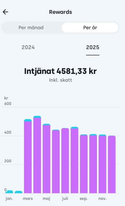 Bar chart showing monthly earnings in 2025 reaching 4581,33 kr, with peaks in March and May, and consistent earnings from July to November.