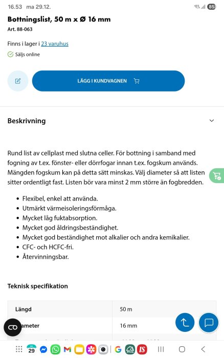 Bottningslist från Biltema, 50 m x 16 mm, med beskrivning av användning och specifikationer för isolering och fuktbeständighet. Finns online och i lager.