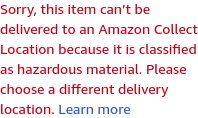 Textmeddelande om att en produkt inte kan levereras till en Amazon-samlingsplats på grund av att den klassas som farligt material.
