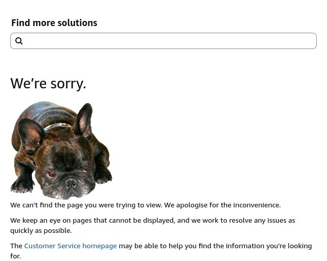 Felmeddelande med en bulldog och texten "We're sorry" som visar att sidan inte kunde hittas. Inkluderar sökfält och hänvisning till kundtjänst.