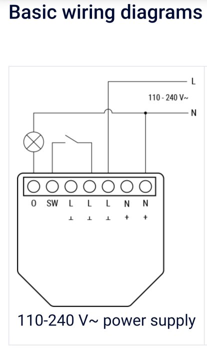 Kopplingsschema som visar anslutning för 110-240V strömförsörjning, med kopplingspunkter markerade för en lampa eller värmepump.
